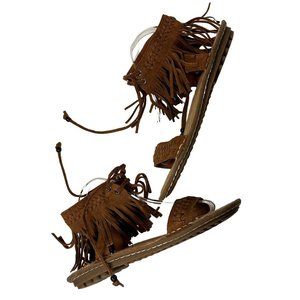 Minnetonka Marquette Leather Boho Fringe Ankle Wrap Flat Sandals Size 10
